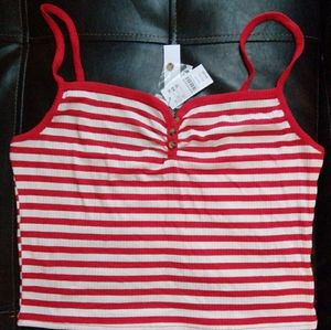 Topshop Crop Top Ribbed, Button, Red and white